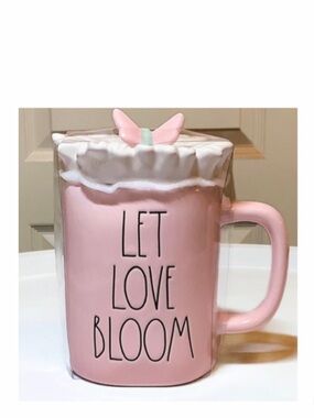 NEW Rae Dunn Let Love Bloom Pink Mug Flower & Butterfly Topper